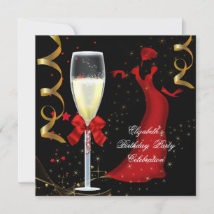 Invitation Elégant Red Gold Black Anniversaire Champagne