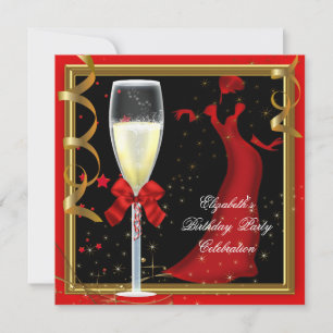 Invitation Elégant Red Gold Black Anniversaire Champagne