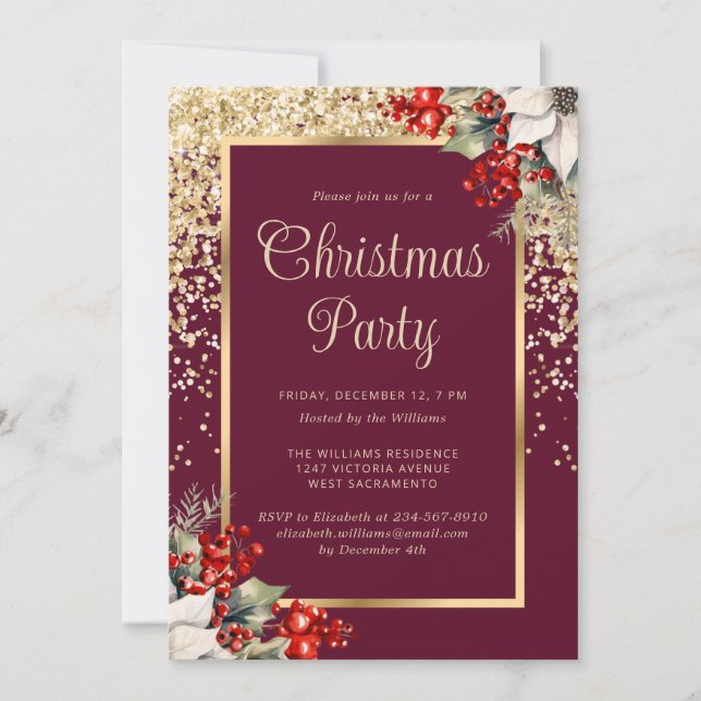 Invitation Elegant Red Gold Botanical Christmas Party (Devant)