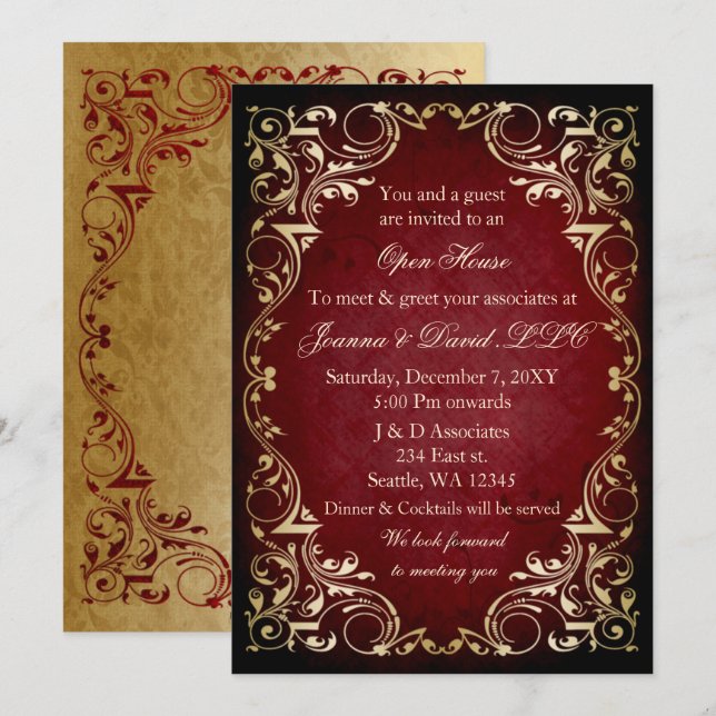 Invitation Élégant Red Gold Business Party (Devant / Derrière)