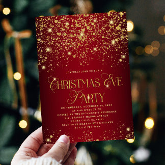 Invitation Elegant Red & Gold Glitter Christmas Eve Party