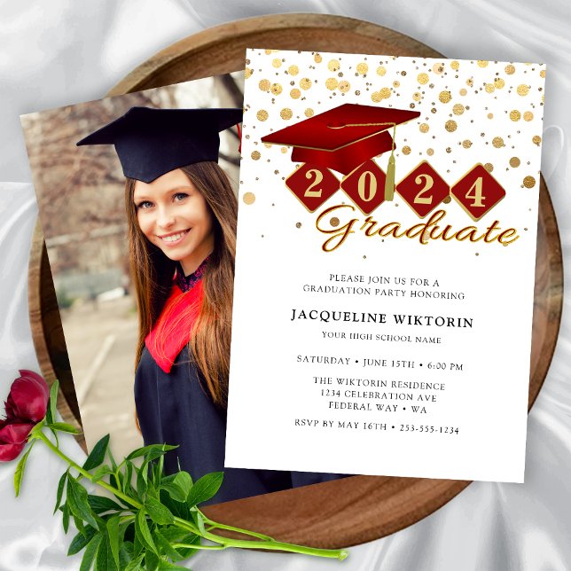 Invitation Elégant Red Gold Graduation Photo Party (Elegant Red Gold Graduation Photo Party Invitation)