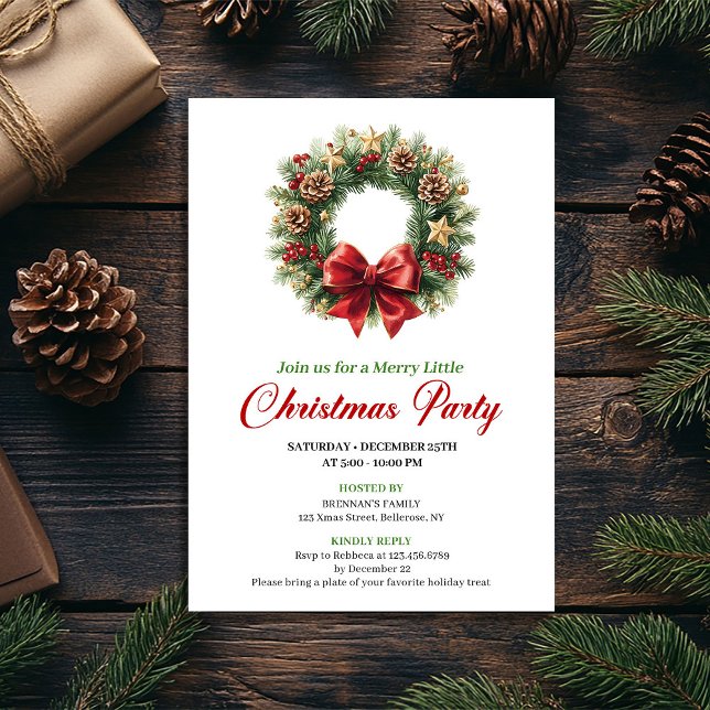 Invitation Elegant Red Gold Pine Wreath Christmas Party (Elegant Red Gold Pine Wreath Christmas Party Invitation)