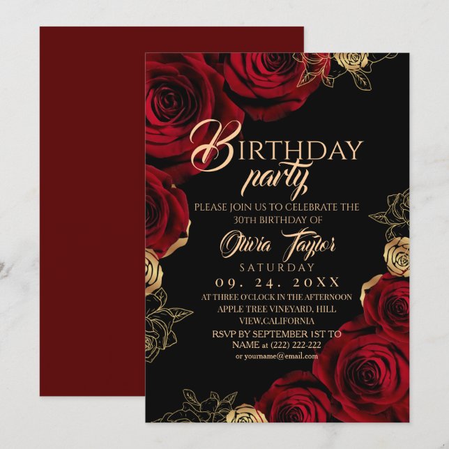 Invitation Elegant Red Gold Roses Birthday Party (Devant / Derrière)