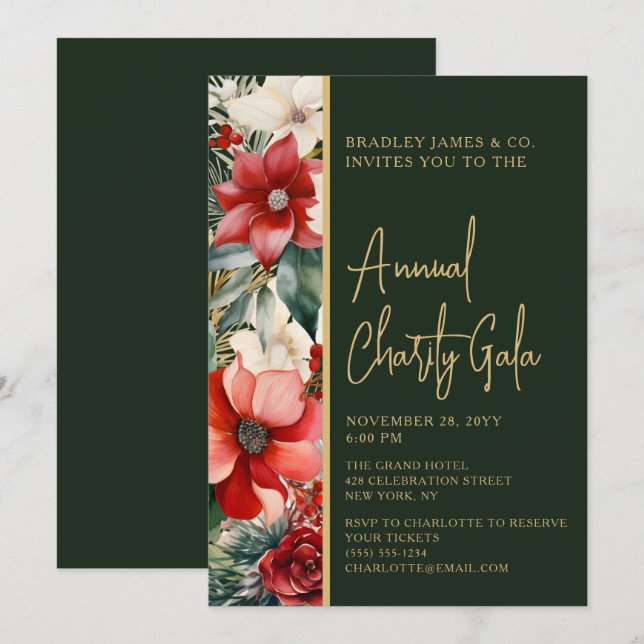 Invitation Élégant Red Green Floral Charity Événement Gala Pa (Devant / Derrière)
