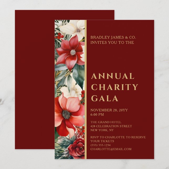 Invitation Élégant Red Green Floral Charity Événement Gala Pa (Devant / Derrière)