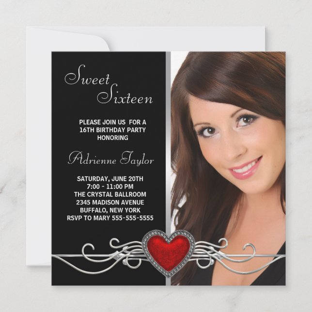 Invitation Elégant Red Heart Photo Anniversaire (Devant)