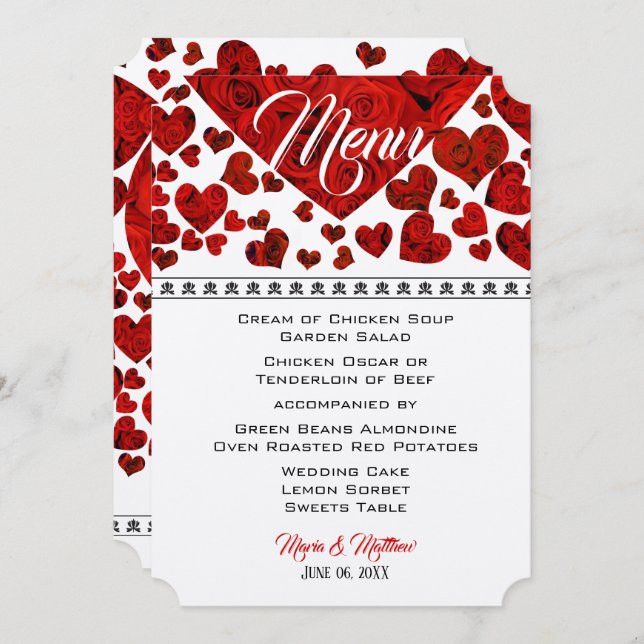 Invitation Elégant Red Hearts et menu Mariage Rose (Devant / Derrière)