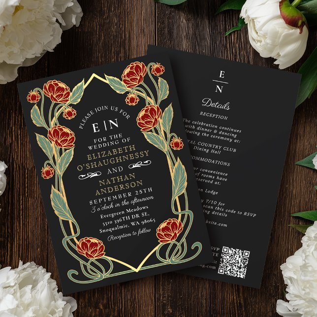 Invitation Elegant Red Peony Art Nouveau QR Code Wedding (Créateur téléchargé)