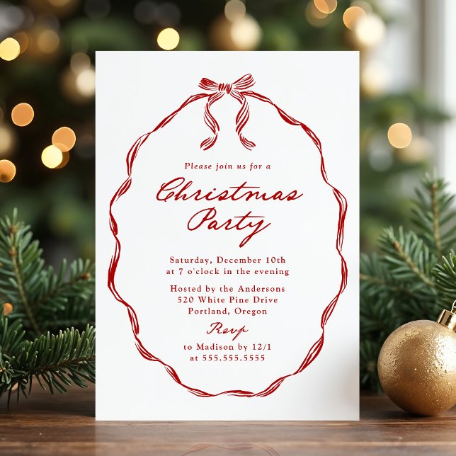 Invitation Elegant Red Ribbon Frame Christmas Party (Créateur téléchargé)