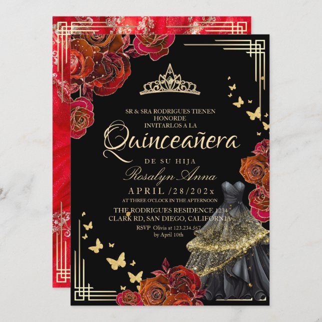 Invitation Elegant Red Rose Black Gold Butterfly Quinceañera (Devant / Derrière)