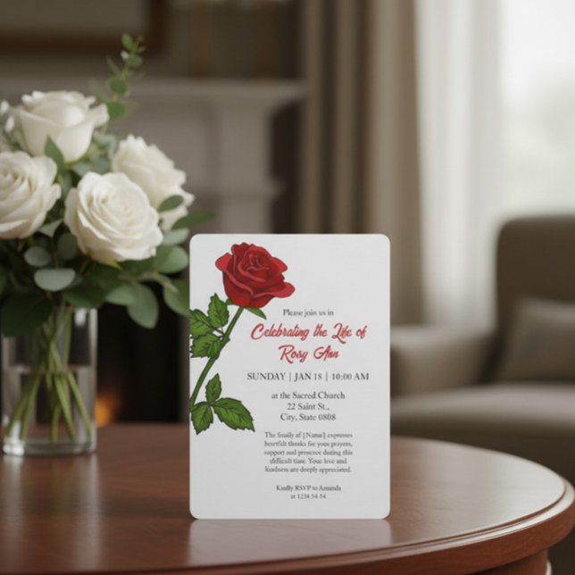 Invitation Elegant Red Rose "Celebrating the Life" Funeral  (Créateur téléchargé)