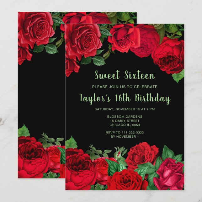 Invitation Elegant Red Roses Flowers Sweet Sixteen (Devant / Derrière)