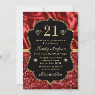 Invitation Elégant Red Satin & Parties scintillant Gold Frame