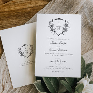 Invitation Élégant Régence Floral Crest Monogramme Mariage 