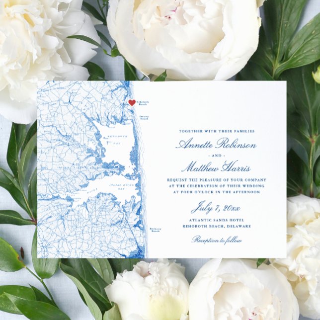Invitation Elégant Rehoboth Beach Delaware Map Mariage (Elegant Rehoboth Beach Delaware Wedding invitation with navy blue map from Coastal Map Designs)