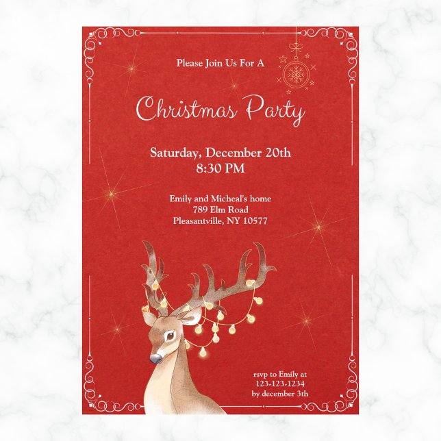 Invitation Élégant Reindeer Noël Fête Rouge (Créateur téléchargé)