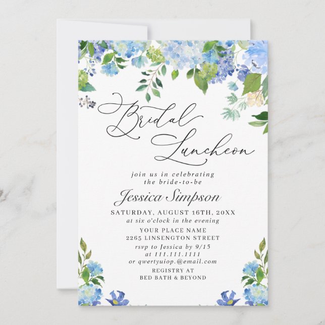Invitation Élégant repas nuptial bleu Hydrangea aquarelle (Devant)