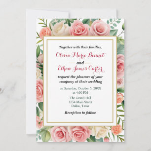 Invitation Elégant ressort Blush Floral Mariage Gold Frame