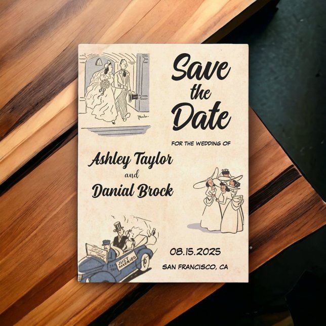 Invitation Elégant Retro Retro Mariage comique Enregistrer la (Créateur téléchargé)