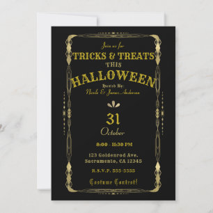 Invitation Élégant Rétro Vintage Noir & Or Déco Halloween