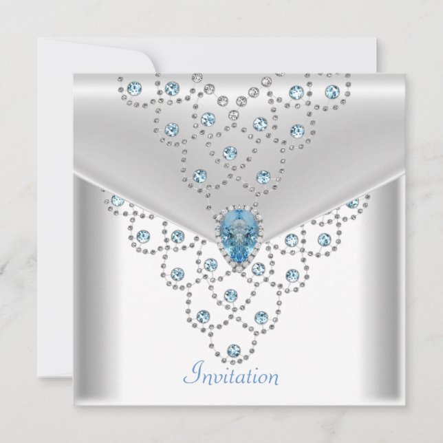Invitation Elégant revêtement argenté blanc Bijou bleu (Devant)