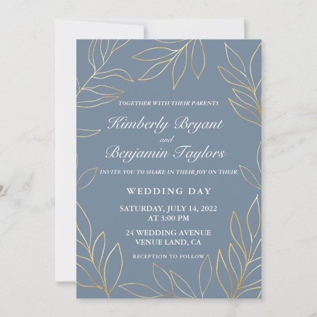 Invitation Élégant revêtement or sur Mariage bleu luxueux pou (Devant)