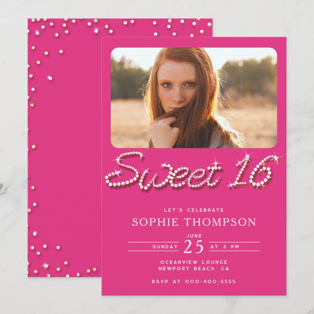 Invitation Elégant Rhinestones Hot Rose Chic Sweet 16 Photo (Devant / Derrière)
