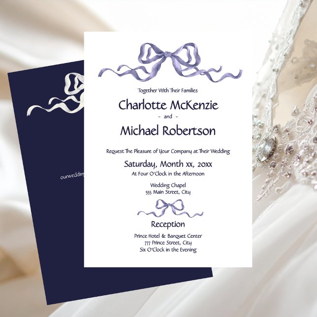 Invitation Elegant Ribbon & Bow Romantic Wedding Navy & White (Elegant Navy and White Wedding Bows Invitation)