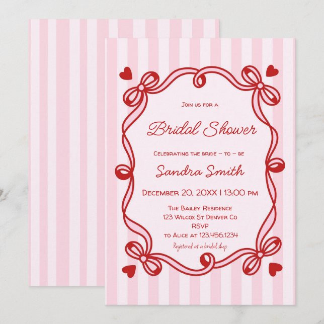 Invitation Elegant Ribbon Hand Drawn Bridal Shower (Devant / Derrière)