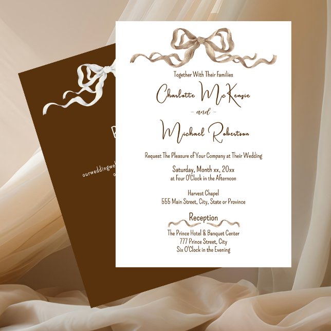Invitation Elegant Romantic Ribbon Wedding (Elegant Warm Brown with Bows Wedding Invitation)