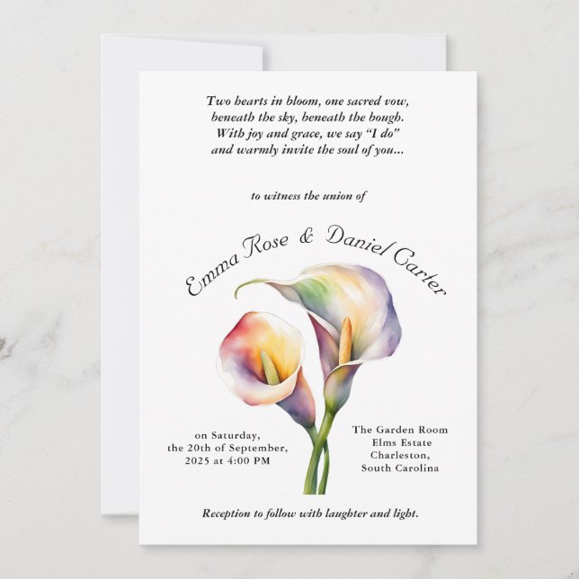 Invitation Elégant romantique Calla Lily Aquarelle douce Past (Devant)