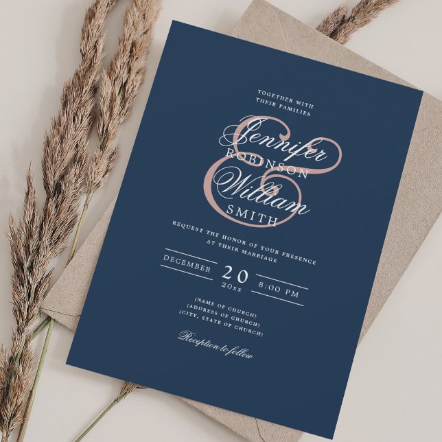 Invitation Élégant Romantique Mariage classique Blush + bleu  (Elegant Romantic Wedding Classic Blush + Navy Blue Invitation)