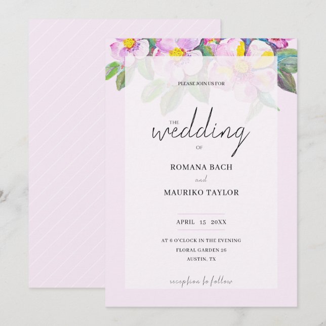 Invitation Elégant Romantique Peach Flowers Aquarelle Art (Devant / Derrière)