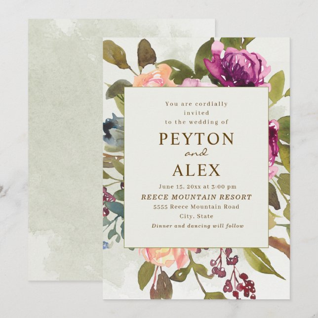 Invitation Élégant Romantique Plum Peach Sage Green Mariage (Devant / Derrière)