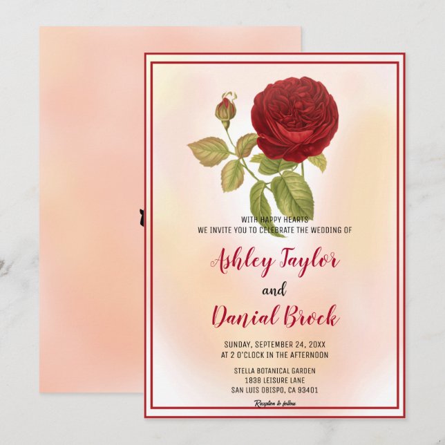 Invitation Élégant romantique Rose rouge Dusty Floral Mariage (Devant / Derrière)