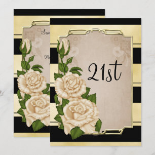 Invitation Élégant Romantique Roses Ivoire Cadre Doré 21ème