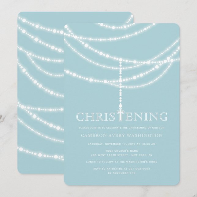 Invitation Elégant Rosary Cross Sparkles Christening Invitati (Devant / Derrière)