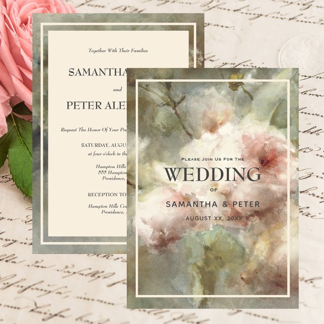 Invitation Elégant Rose antique, Aquarelle rose douce Floral (Elegant Antique Roses, Soft Pink & Green Wedding Invitation)