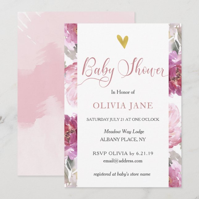 Invitation Élégant rose Aquarelle Baby shower Floral Invitati (Devant / Derrière)