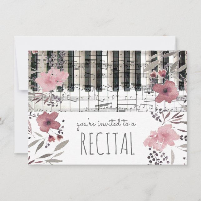 Invitation élégant rose aquarelle fleurs musique (Devant)