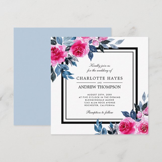 Invitation Elégant Rose aquarelle Floral Carré Mariage (Devant / Derrière)