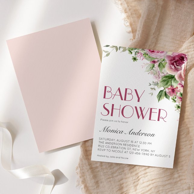 Invitation Elégant rose Aquarelle Floral Girl Baby shower (Créateur téléchargé)