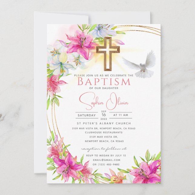 Invitation Elégant rose Aquarelle Floral Girl Baptism (Devant)