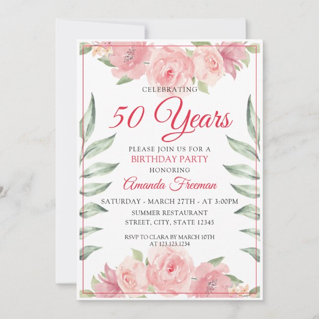 Invitation Elégant rose Aquarelle Rose Mère Anniversaire (Devant)