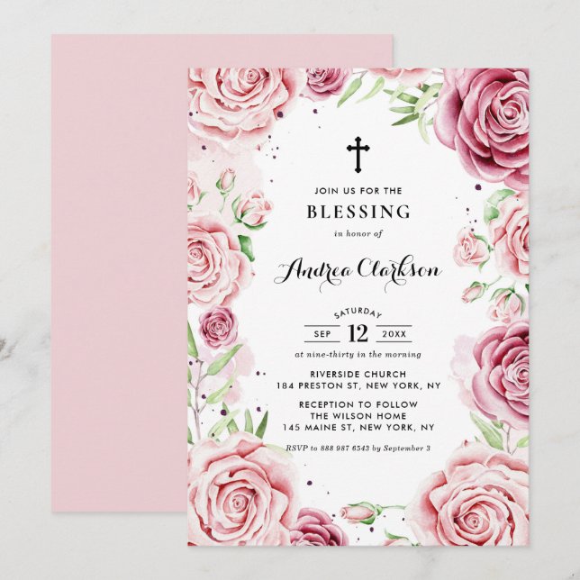 Invitation Elégant rose Aquarelle Roses Cadre Blessing bébé (Devant / Derrière)