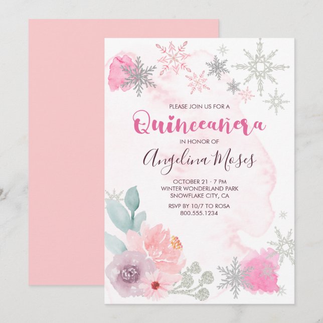 Invitation Elégant rose argent hiver Wonderland Quinceanera (Devant / Derrière)