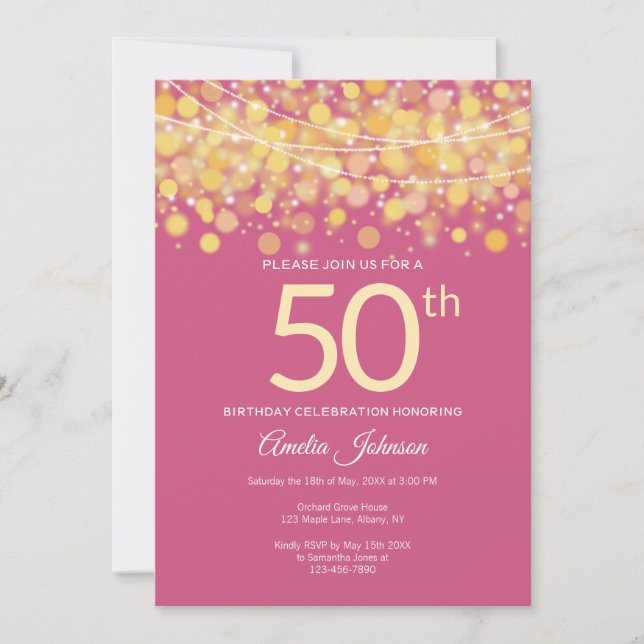 Invitation Elégant rose avec Gold String Lights 50e anniversa (Devant)