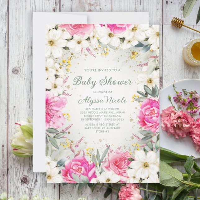 Invitation Elégant rose blanc Parties scintillant florale Bab (Créateur téléchargé)