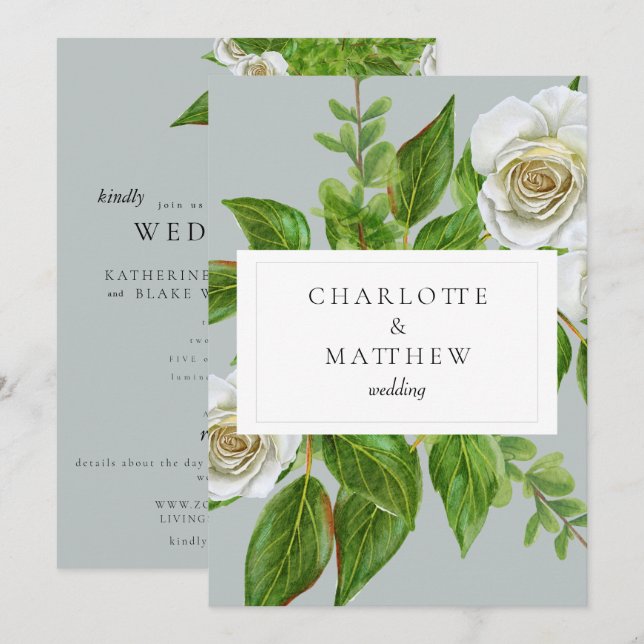 Invitation Élégant Rose blanche Mariage site Web (Devant / Derrière)